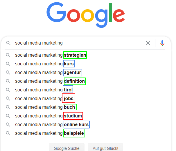Suchvorschläge social media marketing