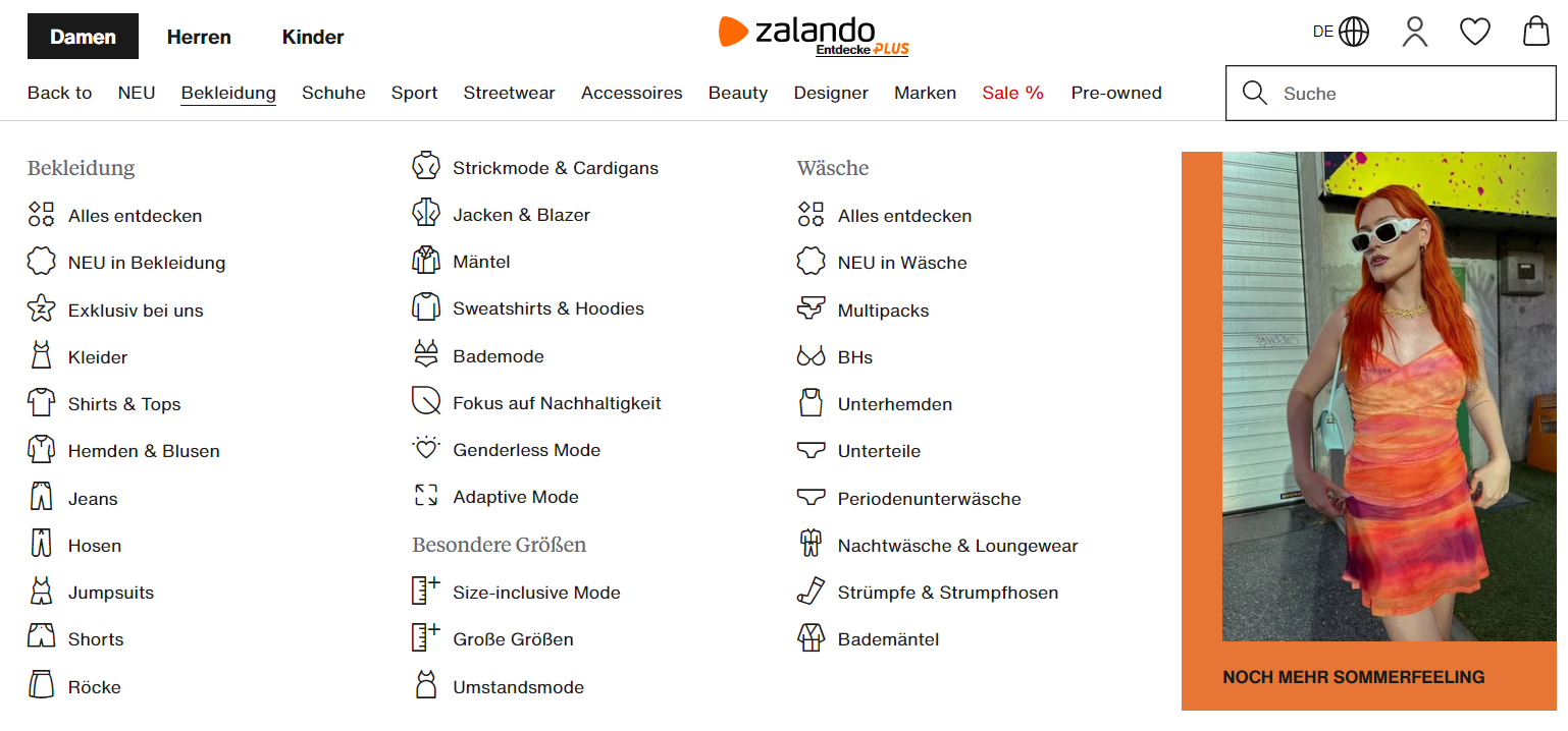 Ausschnitt der Website-Struktur bei Zalando